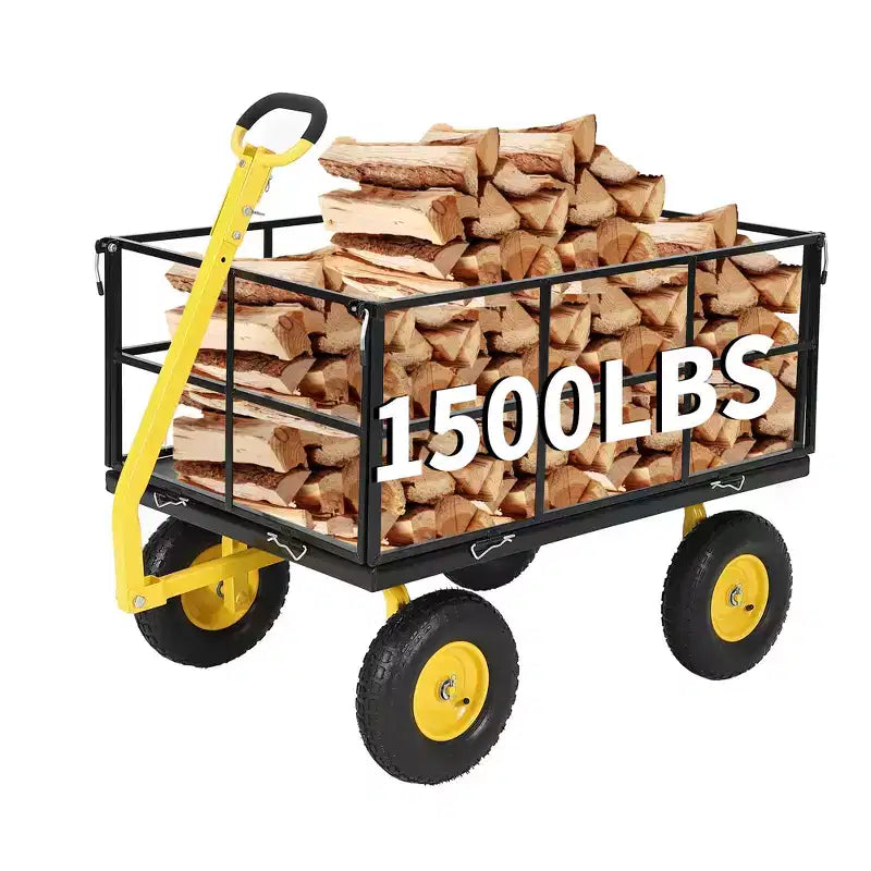 Carrello da giardino in acciaio da 1400 libbre resistente Carrello da giardino 2 in 1 con sponde a rete rimovibili, 13 pneumatici per tutti i terreni e manico a 180°