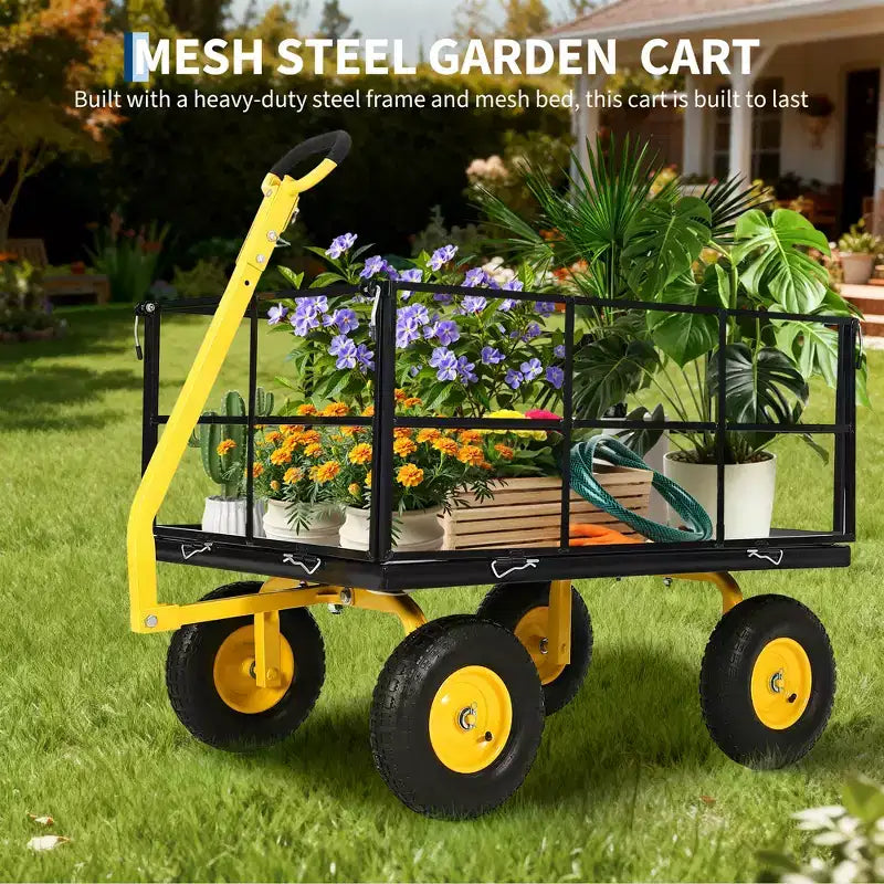 Carrello da giardino in acciaio da 1400 libbre resistente Carrello da giardino 2 in 1 con sponde a rete rimovibili, 13 pneumatici per tutti i terreni e manico a 180°