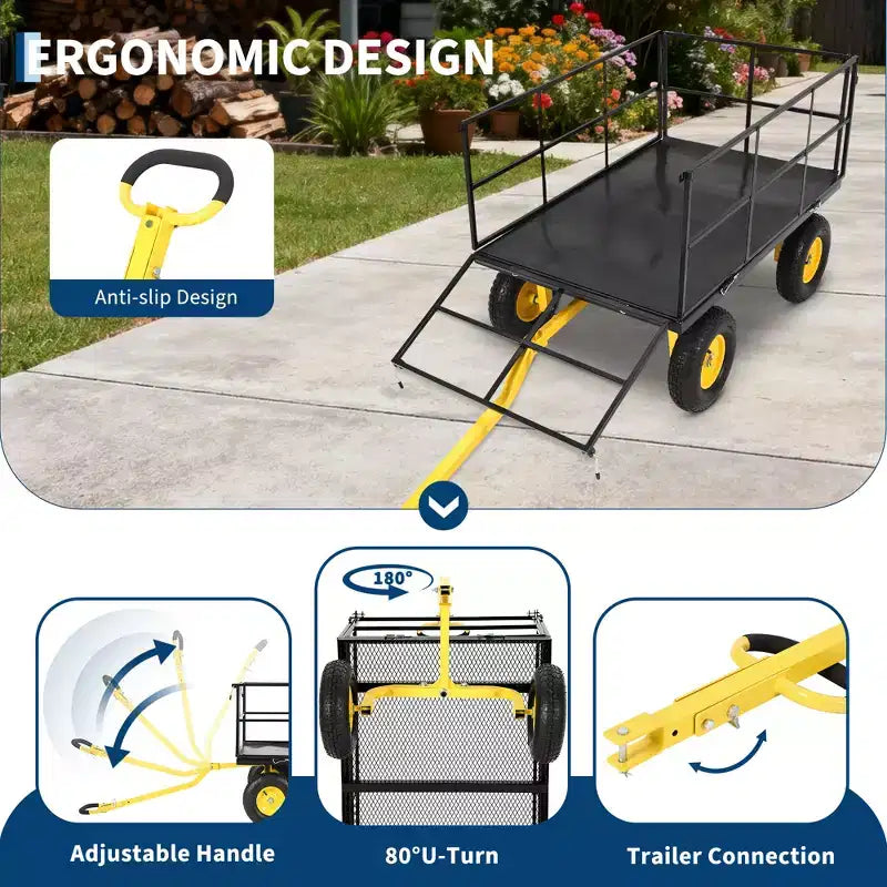 Carrello da giardino in acciaio da 1400 libbre resistente Carrello da giardino 2 in 1 con sponde a rete rimovibili, 13 pneumatici per tutti i terreni e manico a 180°