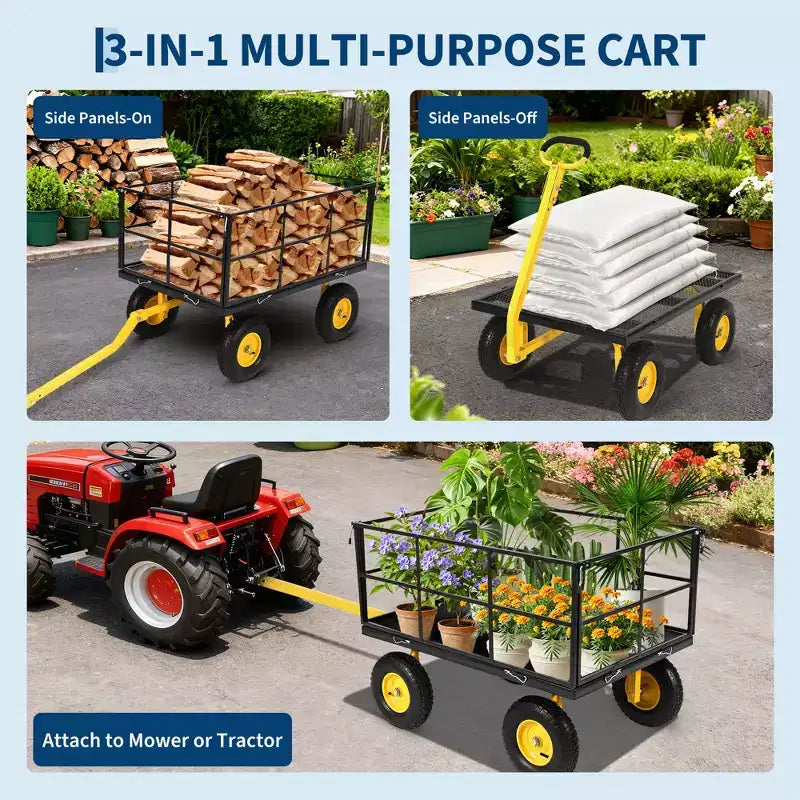 Carrello da giardino in acciaio da 1400 libbre resistente Carrello da giardino 2 in 1 con sponde a rete rimovibili, 13 pneumatici per tutti i terreni e manico a 180°
