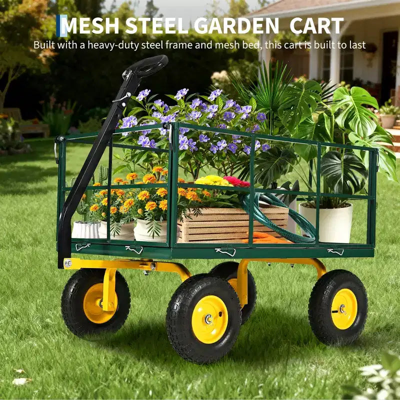 Carrello da giardino in acciaio da 1400 libbre resistente Carrello da giardino 2 in 1 con sponde a rete rimovibili, 13 pneumatici per tutti i terreni e manico a 180°