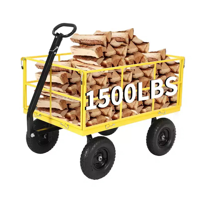 Carrello da giardino in acciaio da 1400 libbre resistente Carrello da giardino 2 in 1 con sponde a rete rimovibili, 13 pneumatici per tutti i terreni e manico a 180°