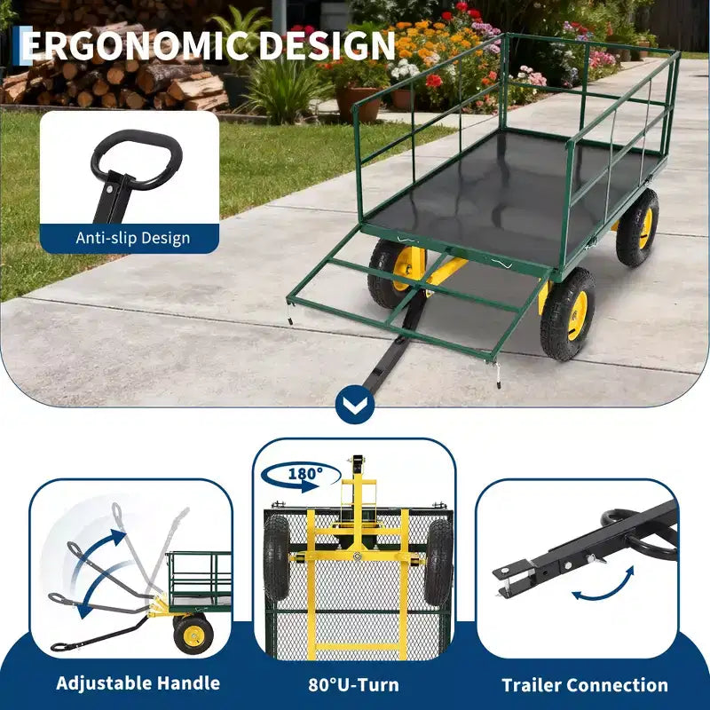 Carrello da giardino in acciaio da 1400 libbre resistente Carrello da giardino 2 in 1 con sponde a rete rimovibili, 13 pneumatici per tutti i terreni e manico a 180°