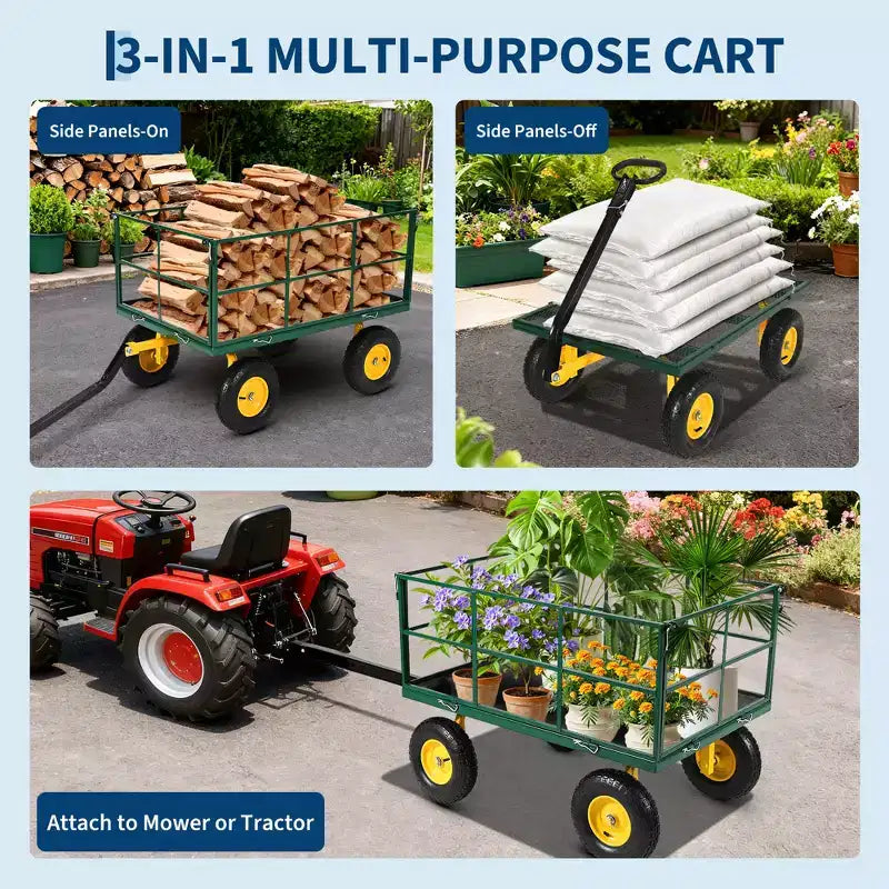 Carrello da giardino in acciaio da 1400 libbre resistente Carrello da giardino 2 in 1 con sponde a rete rimovibili, 13 pneumatici per tutti i terreni e manico a 180°