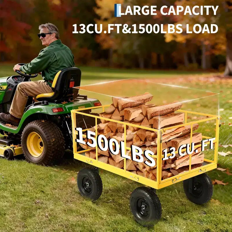 Carrello da giardino in acciaio da 1400 libbre resistente Carrello da giardino 2 in 1 con sponde a rete rimovibili, 13 pneumatici per tutti i terreni e manico a 180°