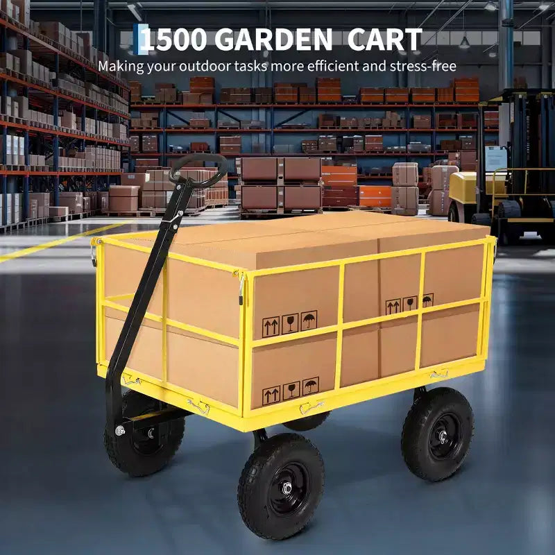 Carrello da giardino in acciaio da 1400 libbre resistente Carrello da giardino 2 in 1 con sponde a rete rimovibili, 13 pneumatici per tutti i terreni e manico a 180°