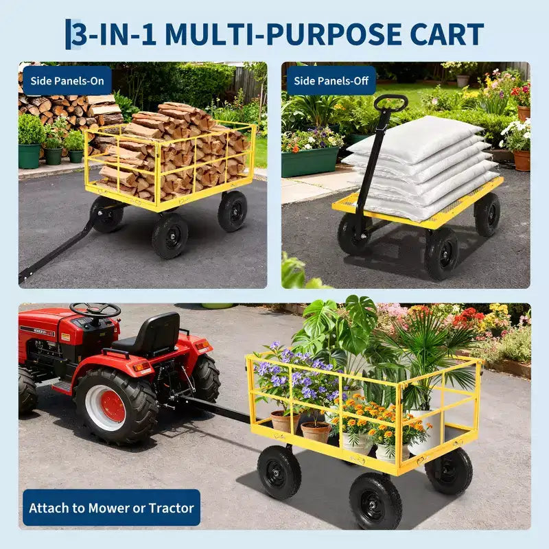 Carrello da giardino in acciaio da 1400 libbre resistente Carrello da giardino 2 in 1 con sponde a rete rimovibili, 13 pneumatici per tutti i terreni e manico a 180°