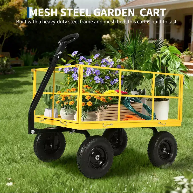 Carrello da giardino in acciaio da 1400 libbre resistente Carrello da giardino 2 in 1 con sponde a rete rimovibili, 13 pneumatici per tutti i terreni e manico a 180°