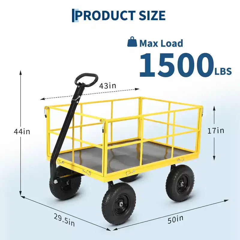 Carrello da giardino in acciaio da 1400 libbre resistente Carrello da giardino 2 in 1 con sponde a rete rimovibili, 13 pneumatici per tutti i terreni e manico a 180°