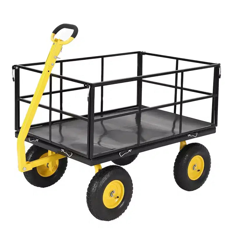 Carrello da giardino in acciaio da 1400 libbre resistente Carrello da giardino 2 in 1 con sponde a rete rimovibili, 13 pneumatici per tutti i terreni e manico a 180°