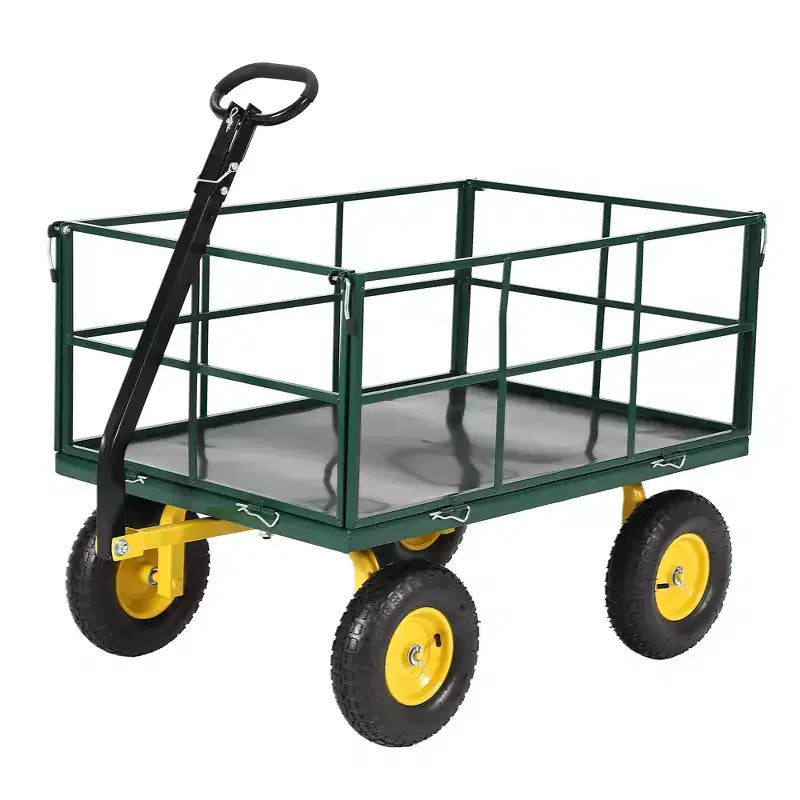 Carrello da giardino in acciaio da 1400 libbre resistente Carrello da giardino 2 in 1 con sponde a rete rimovibili, 13 pneumatici per tutti i terreni e manico a 180°