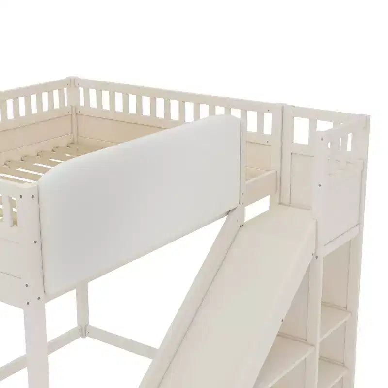 Bellemave Letto a soppalco con testiera imbottita e scaffali portaoggetti, Struttura letto a soppalco in legno massello con scaletta e scivolo per bambini