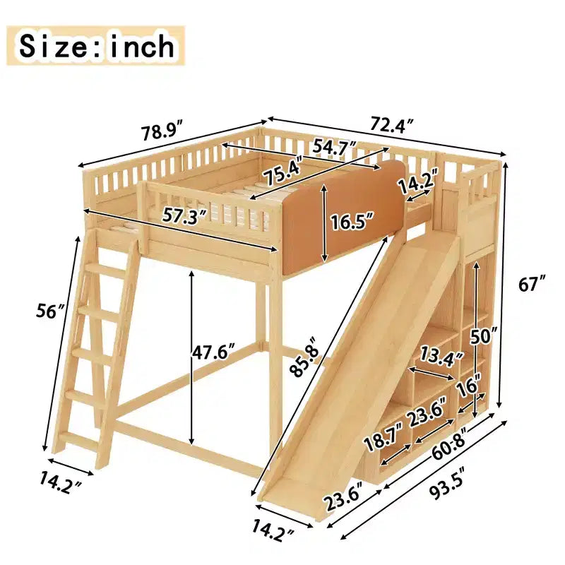 Bellemave Letto a soppalco con testiera imbottita e scaffali portaoggetti, Struttura letto a soppalco in legno massello con scaletta e scivolo per bambini