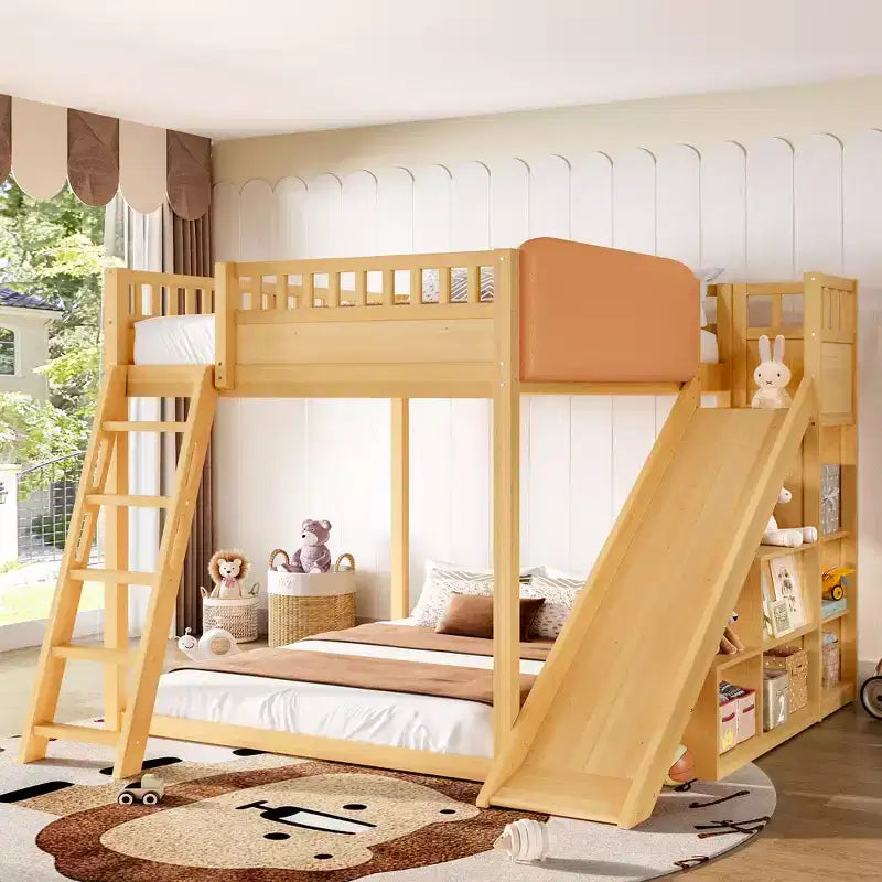 Bellemave Letto a soppalco con testiera imbottita e scaffali portaoggetti, Struttura letto a soppalco in legno massello con scaletta e scivolo per bambini