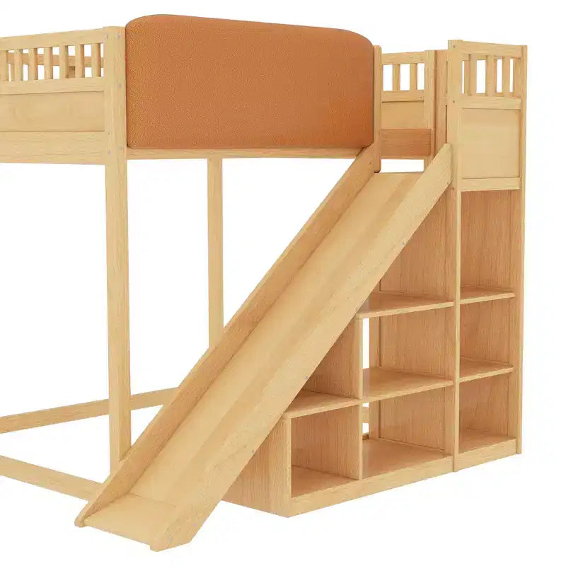 Bellemave Letto a soppalco con testiera imbottita e scaffali portaoggetti, Struttura letto a soppalco in legno massello con scaletta e scivolo per bambini