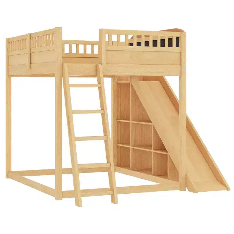 Bellemave Letto a soppalco con testiera imbottita e scaffali portaoggetti, Struttura letto a soppalco in legno massello con scaletta e scivolo per bambini