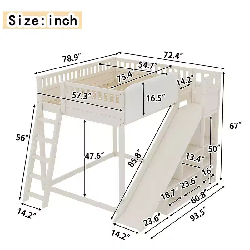 Bellemave Letto a soppalco con testiera imbottita e scaffali portaoggetti, Struttura letto a soppalco in legno massello con scaletta e scivolo per bambini