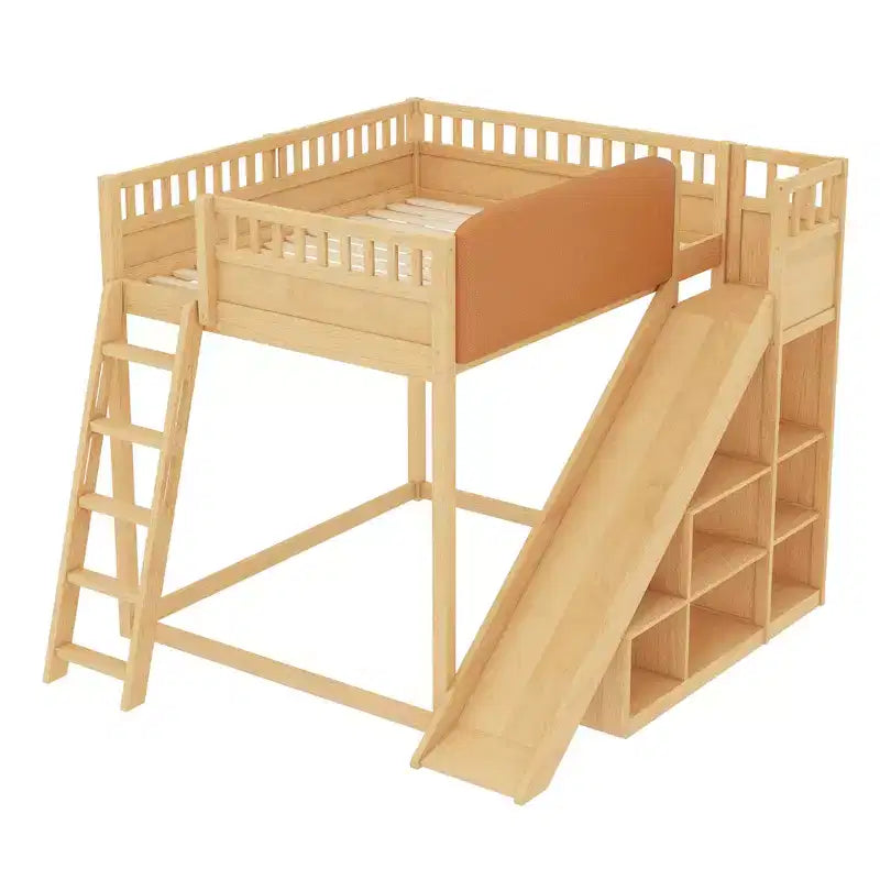Bellemave Letto a soppalco con testiera imbottita e scaffali portaoggetti, Struttura letto a soppalco in legno massello con scaletta e scivolo per bambini