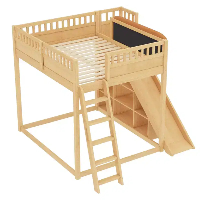 Bellemave Letto a soppalco con testiera imbottita e scaffali portaoggetti, Struttura letto a soppalco in legno massello con scaletta e scivolo per bambini