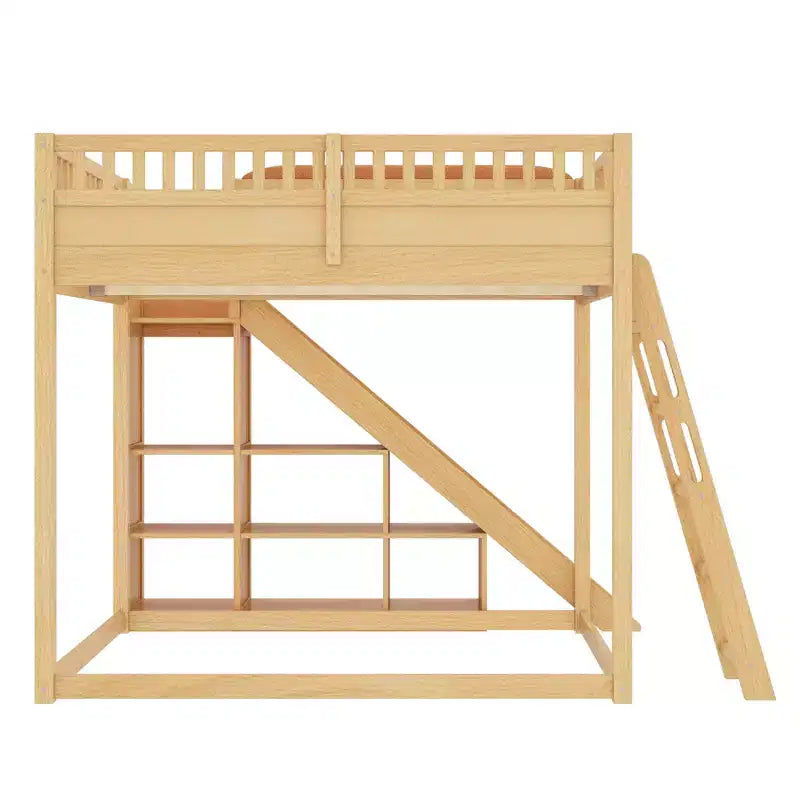 Bellemave Letto a soppalco con testiera imbottita e scaffali portaoggetti, Struttura letto a soppalco in legno massello con scaletta e scivolo per bambini