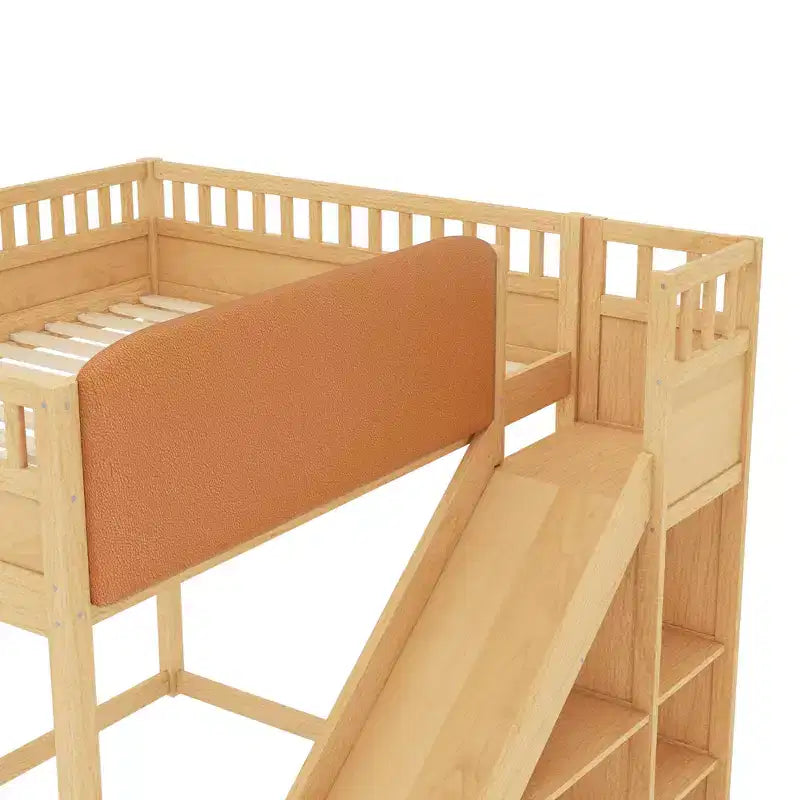 Bellemave Letto a soppalco con testiera imbottita e scaffali portaoggetti, Struttura letto a soppalco in legno massello con scaletta e scivolo per bambini