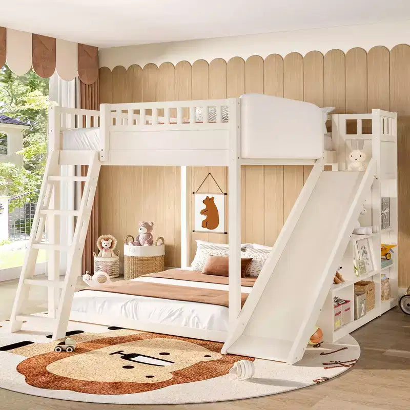Bellemave Letto a soppalco con testiera imbottita e scaffali portaoggetti, Struttura letto a soppalco in legno massello con scaletta e scivolo per bambini