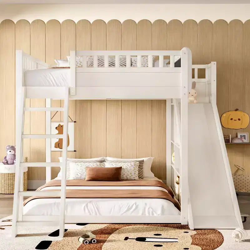 Bellemave Letto a soppalco con testiera imbottita e scaffali portaoggetti, Struttura letto a soppalco in legno massello con scaletta e scivolo per bambini