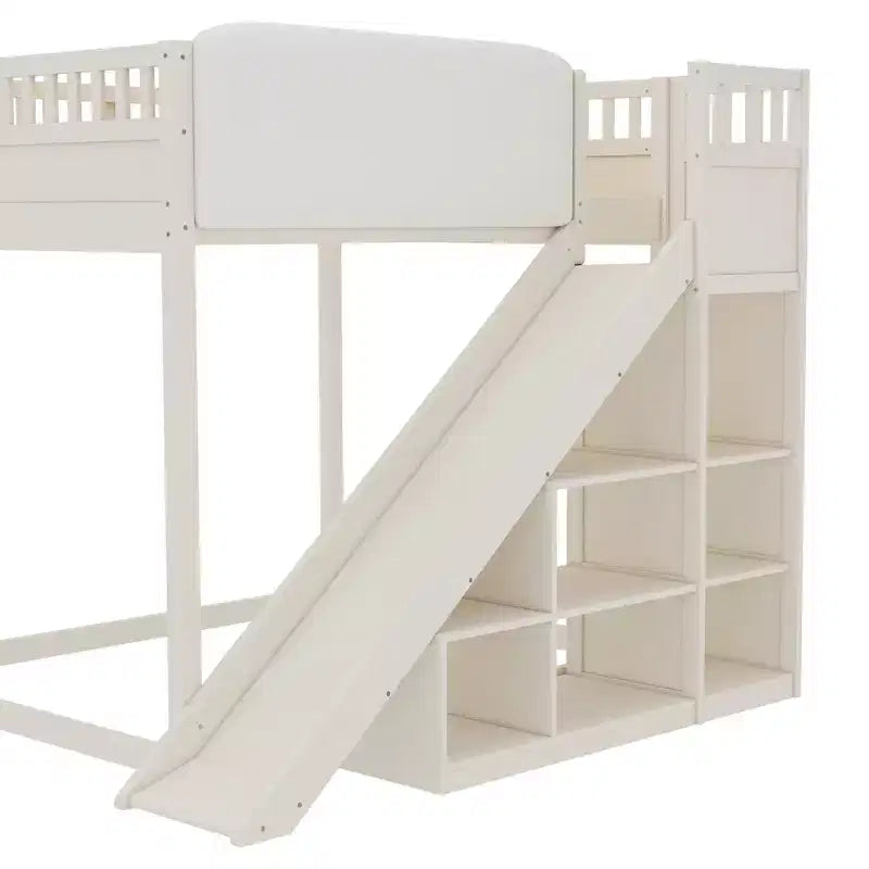 Bellemave Letto a soppalco con testiera imbottita e scaffali portaoggetti, Struttura letto a soppalco in legno massello con scaletta e scivolo per bambini
