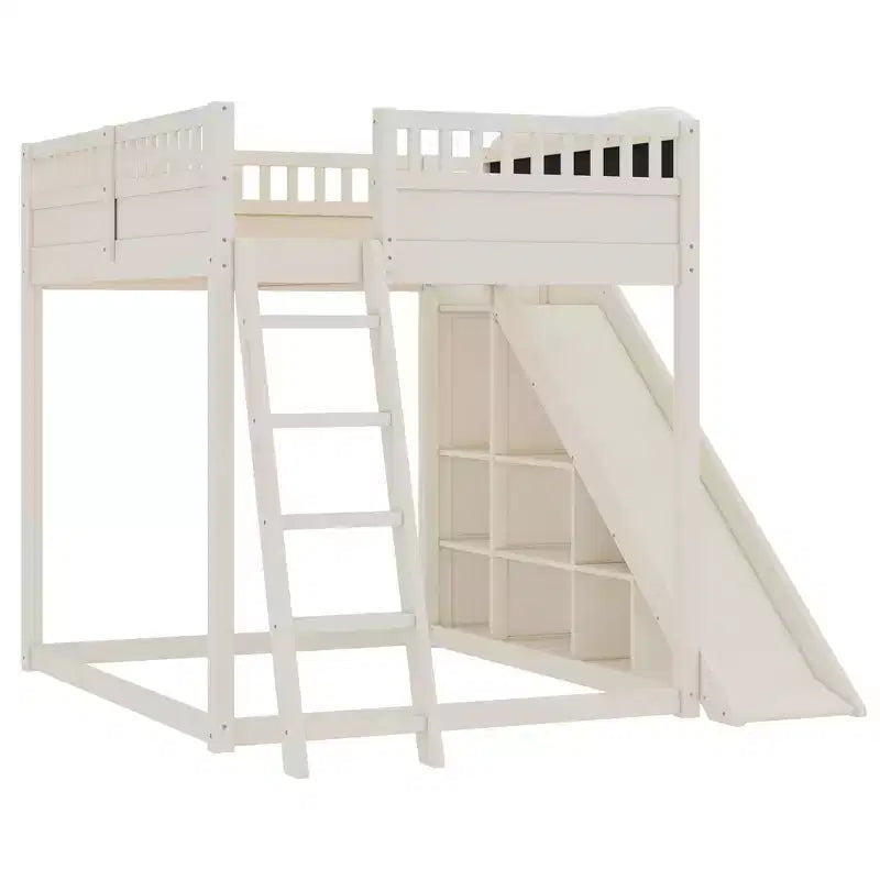 Bellemave Letto a soppalco con testiera imbottita e scaffali portaoggetti, Struttura letto a soppalco in legno massello con scaletta e scivolo per bambini