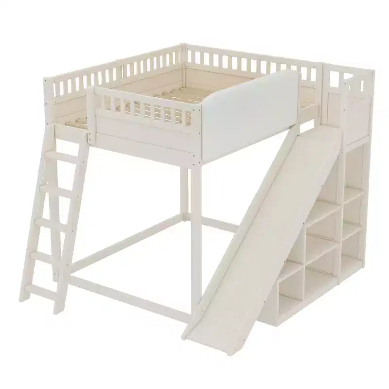 Bellemave Letto a soppalco con testiera imbottita e scaffali portaoggetti, Struttura letto a soppalco in legno massello con scaletta e scivolo per bambini