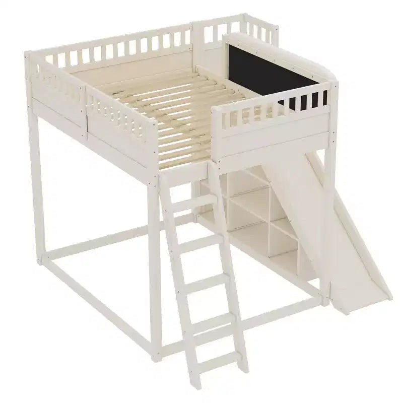 Bellemave Letto a soppalco con testiera imbottita e scaffali portaoggetti, Struttura letto a soppalco in legno massello con scaletta e scivolo per bambini