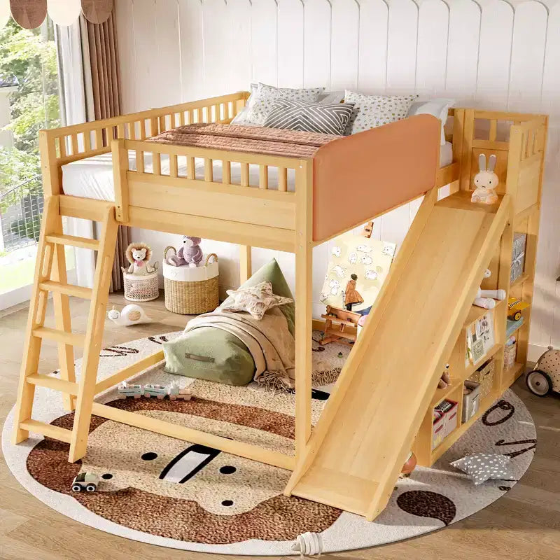 Bellemave Letto a soppalco con testiera imbottita e scaffali portaoggetti, Struttura letto a soppalco in legno massello con scaletta e scivolo per bambini