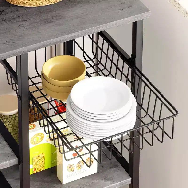 Celebalcony Scaffale da Forno con Presa di Corrente, 34.7 Ripiani aperti con Cesto in Filo, Supporto per Microonde da Cucina con 6 Ganci a S