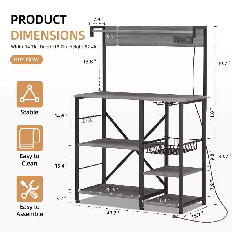 Celebalcony Scaffale da Forno con Presa di Corrente, 34.7 Ripiani aperti con Cesto in Filo, Supporto per Microonde da Cucina con 6 Ganci a S