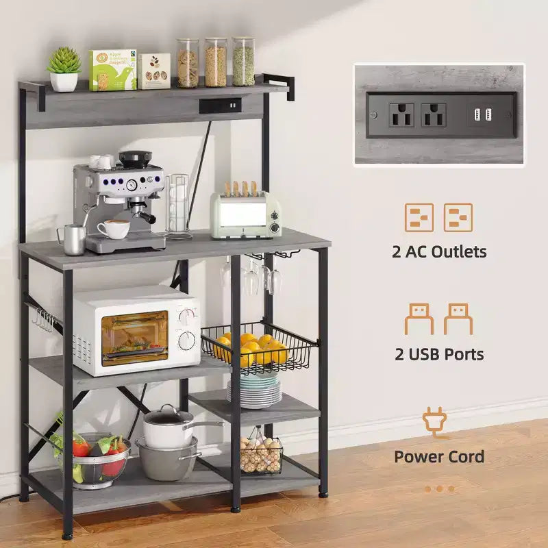 Celebalcony Scaffale da Forno con Presa di Corrente, 34.7 Ripiani aperti con Cesto in Filo, Supporto per Microonde da Cucina con 6 Ganci a S