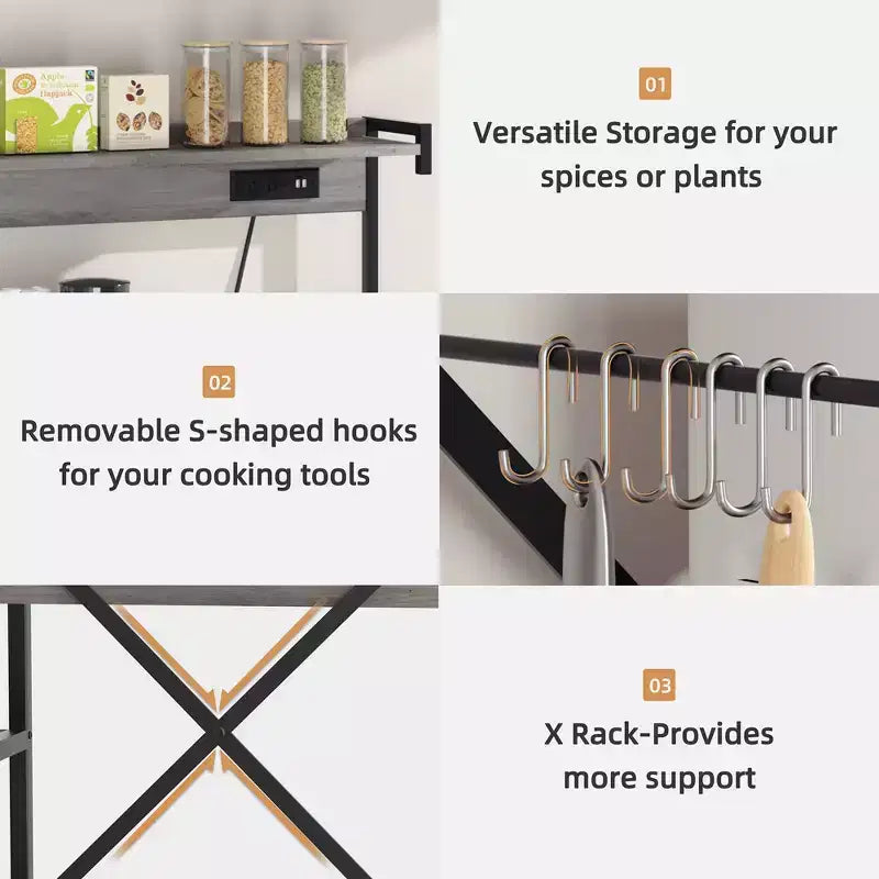 Celebalcony Scaffale da Forno con Presa di Corrente, 34.7 Ripiani aperti con Cesto in Filo, Supporto per Microonde da Cucina con 6 Ganci a S