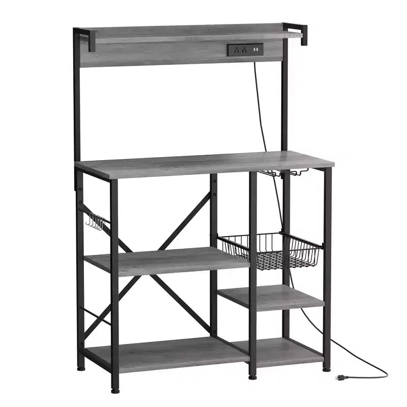 Celebalcony Scaffale da Forno con Presa di Corrente, 34.7 Ripiani aperti con Cesto in Filo, Supporto per Microonde da Cucina con 6 Ganci a S