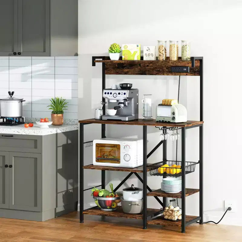 Celebalcony Scaffale da Forno con Presa di Corrente, 34.7 Ripiani aperti con Cesto in Filo, Supporto per Microonde da Cucina con 6 Ganci a S