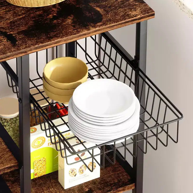 Celebalcony Scaffale da Forno con Presa di Corrente, 34.7 Ripiani aperti con Cesto in Filo, Supporto per Microonde da Cucina con 6 Ganci a S