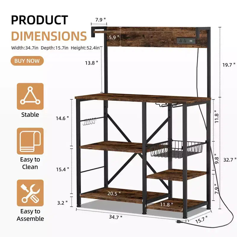Celebalcony Scaffale da Forno con Presa di Corrente, 34.7 Ripiani aperti con Cesto in Filo, Supporto per Microonde da Cucina con 6 Ganci a S