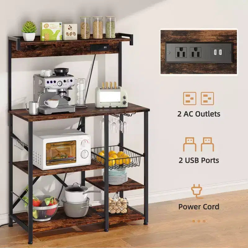 Celebalcony Scaffale da Forno con Presa di Corrente, 34.7 Ripiani aperti con Cesto in Filo, Supporto per Microonde da Cucina con 6 Ganci a S