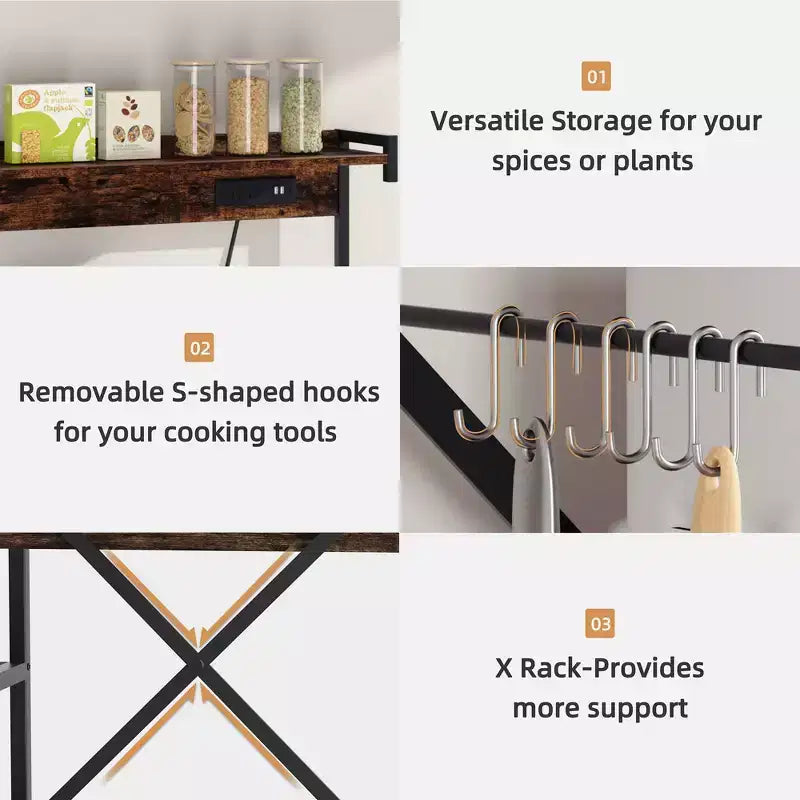 Celebalcony Scaffale da Forno con Presa di Corrente, 34.7 Ripiani aperti con Cesto in Filo, Supporto per Microonde da Cucina con 6 Ganci a S