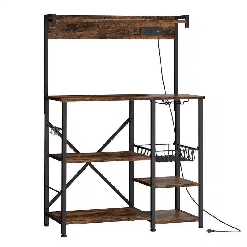 Celebalcony Scaffale da Forno con Presa di Corrente, 34.7 Ripiani aperti con Cesto in Filo, Supporto per Microonde da Cucina con 6 Ganci a S