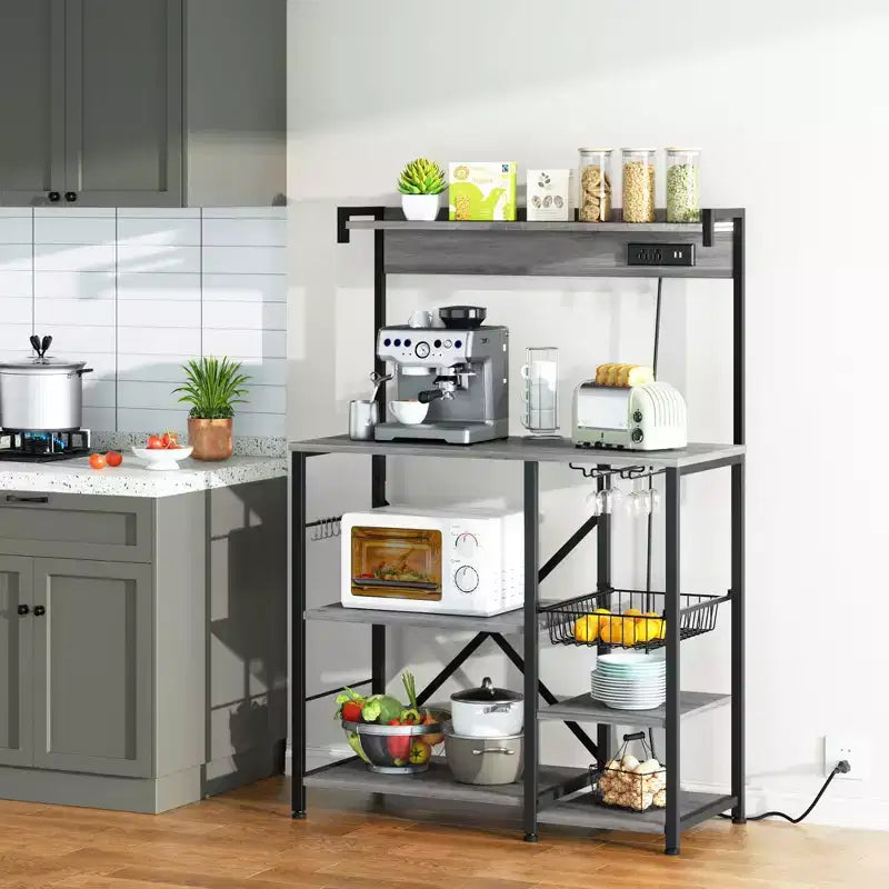 Celebalcony Scaffale da Forno con Presa di Corrente, 34.7 Ripiani aperti con Cesto in Filo, Supporto per Microonde da Cucina con 6 Ganci a S