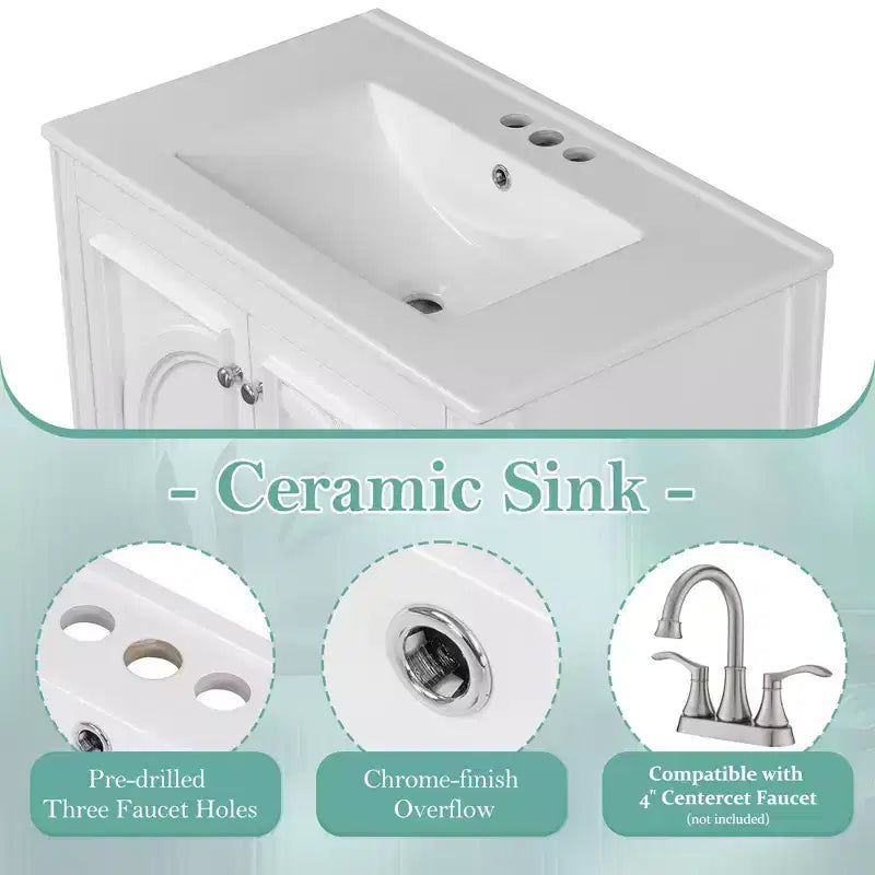Mobile bagno con lavabo integrato, 30 pollici, mobiletto contenitore con cassetto e ripiano anta, lavabo singolo