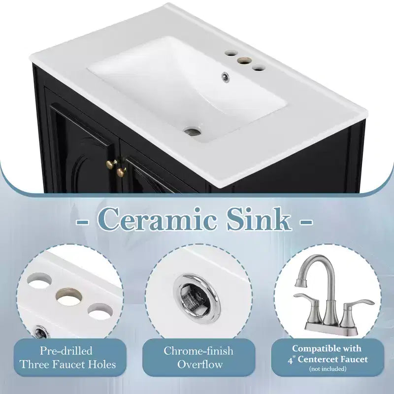 Mobile bagno con lavabo integrato, 30 pollici, mobiletto contenitore con cassetto e ripiano anta, lavabo singolo