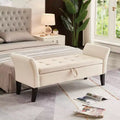 51.5 upholstered storage bench with button-tufted seat & safety hinge, luxury shoe bench for entryway, bedroom, or end of bed, beige.