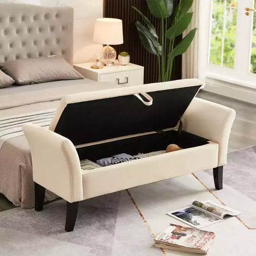 Panca contenitore imbottita da 130,8 cm con seduta trapuntata a bottoni e cerniera di sicurezza, panca porta scarpe di lusso per ingresso, camera da letto o fondo letto, beige.