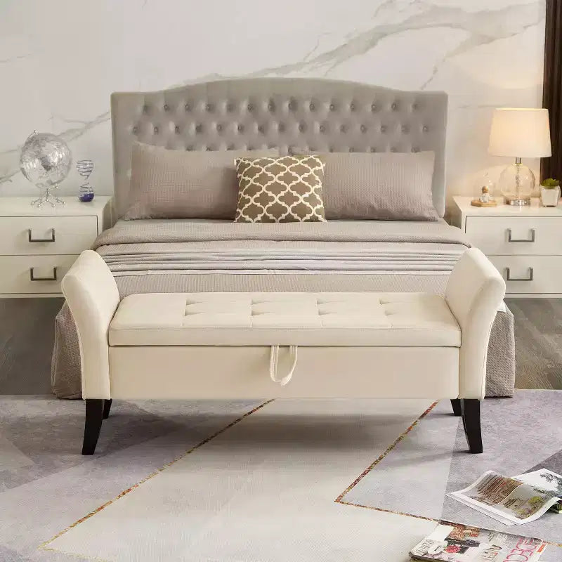 Panca contenitore imbottita da 130,8 cm con seduta trapuntata a bottoni e cerniera di sicurezza, panca porta scarpe di lusso per ingresso, camera da letto o fondo letto, beige.