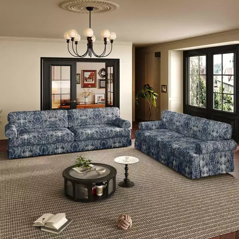 MAYEERTY 74 Divano a Nuvola a 3 Posti Lussuosamente Confortevole, Divano in Tessuto Oxford con Braccioli Arrotondati e Design a Balza Plissettata Blu Floreale